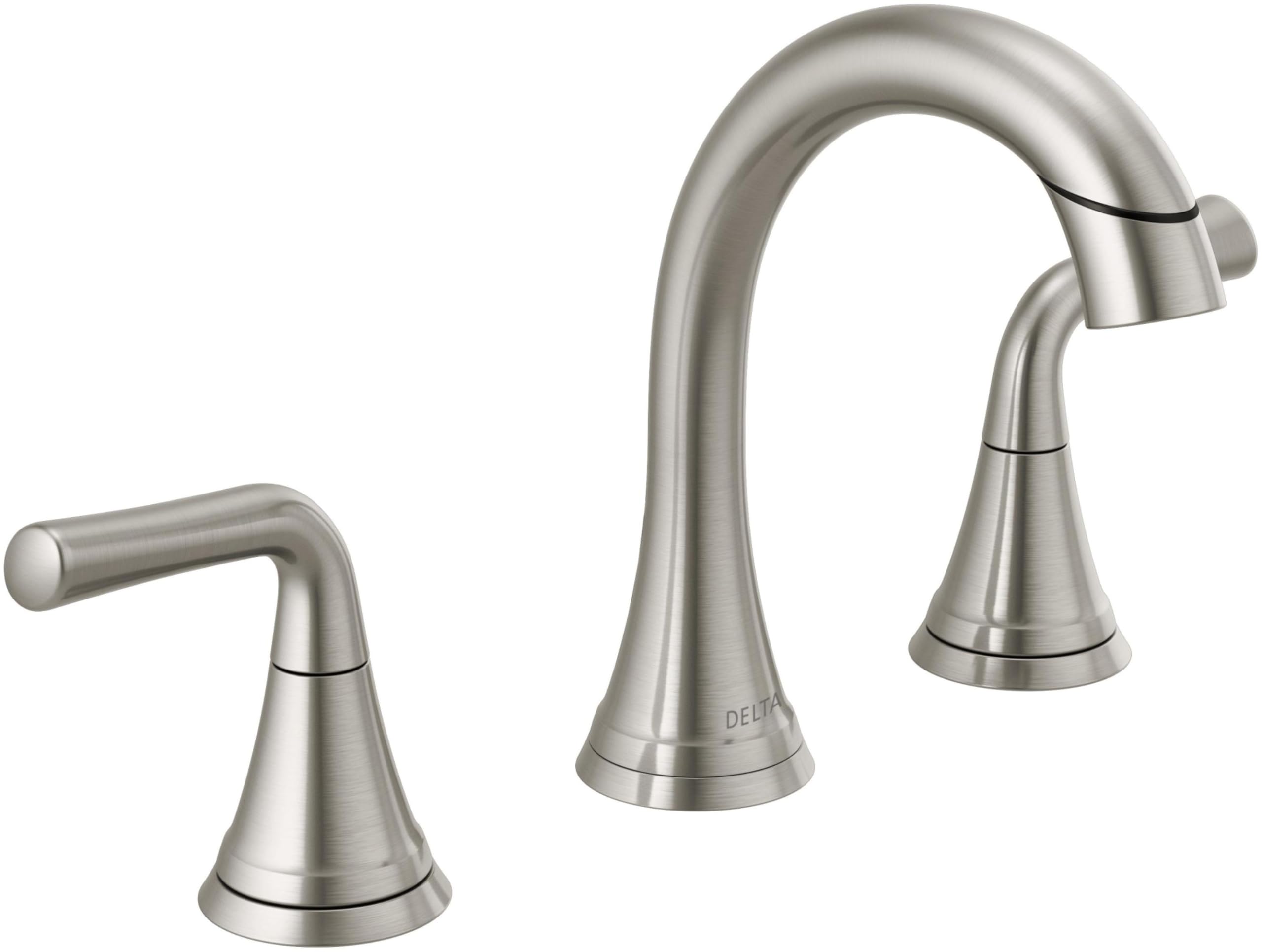 Stainless steel widespread bathroom faucet with curved central spout and two lever handles on either side.
