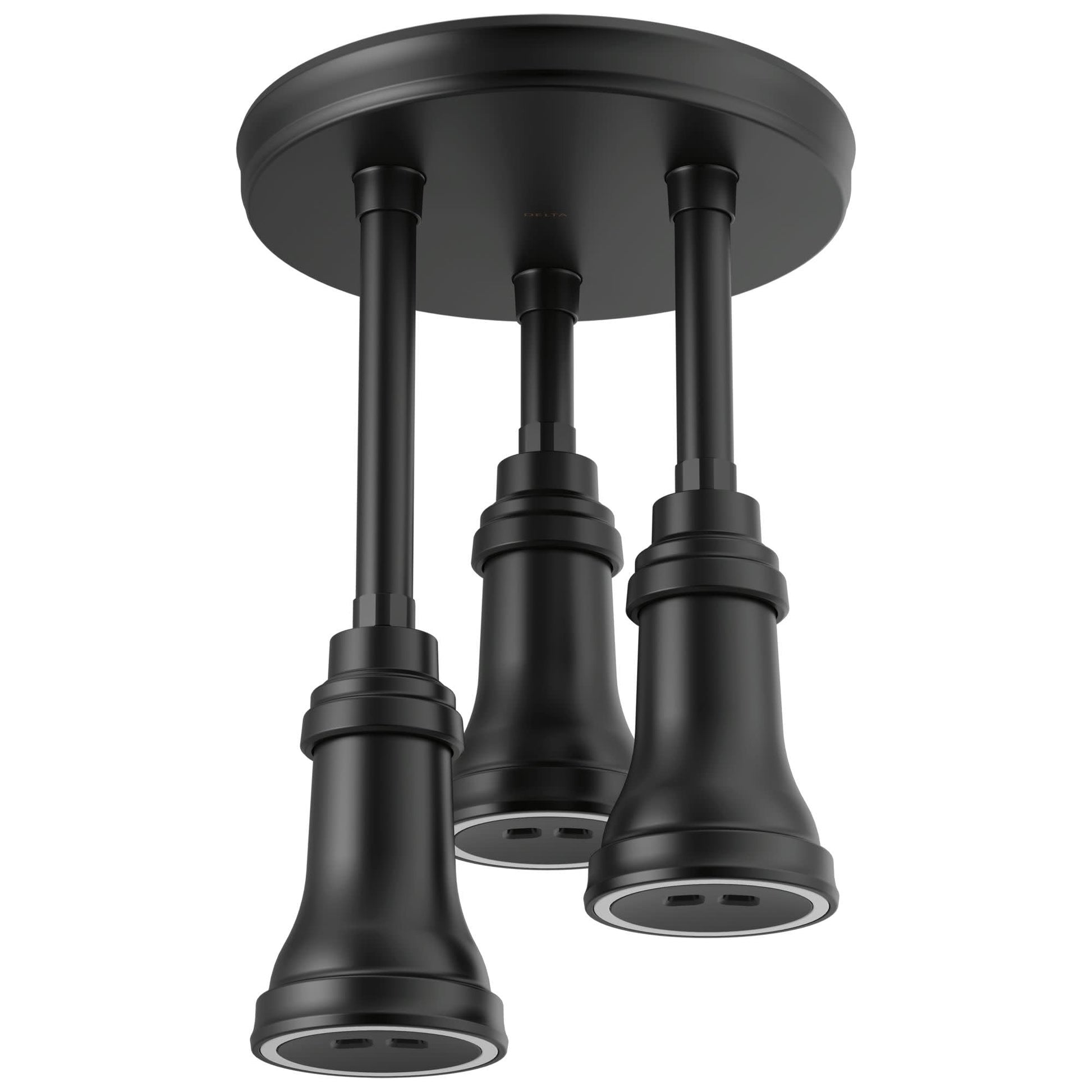 Black ceiling-mounted shower head with three pendant nozzles and metal trim rings on circular mounting plate.