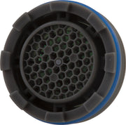Black aerator with hexagonal mesh screen and blue rubber ring, viewed from front.