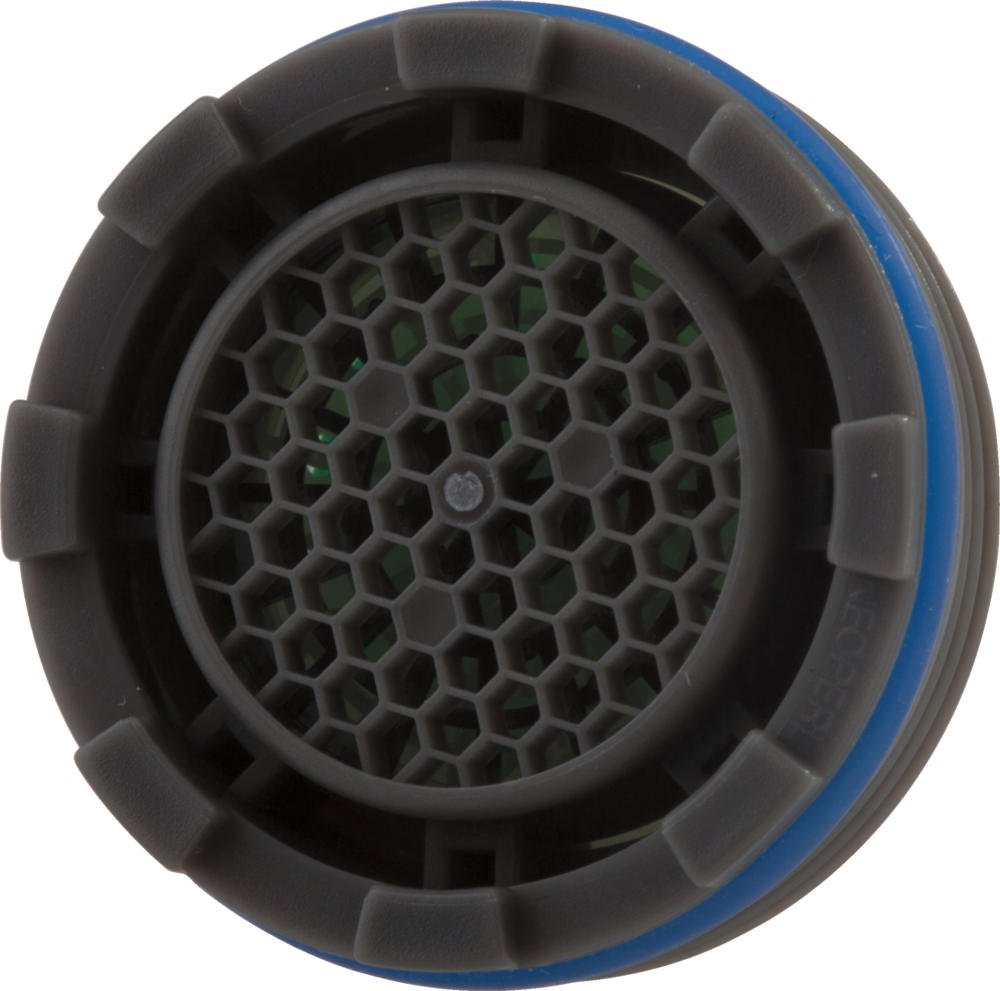 Black aerator with hexagonal mesh screen and blue rubber ring, viewed from front.