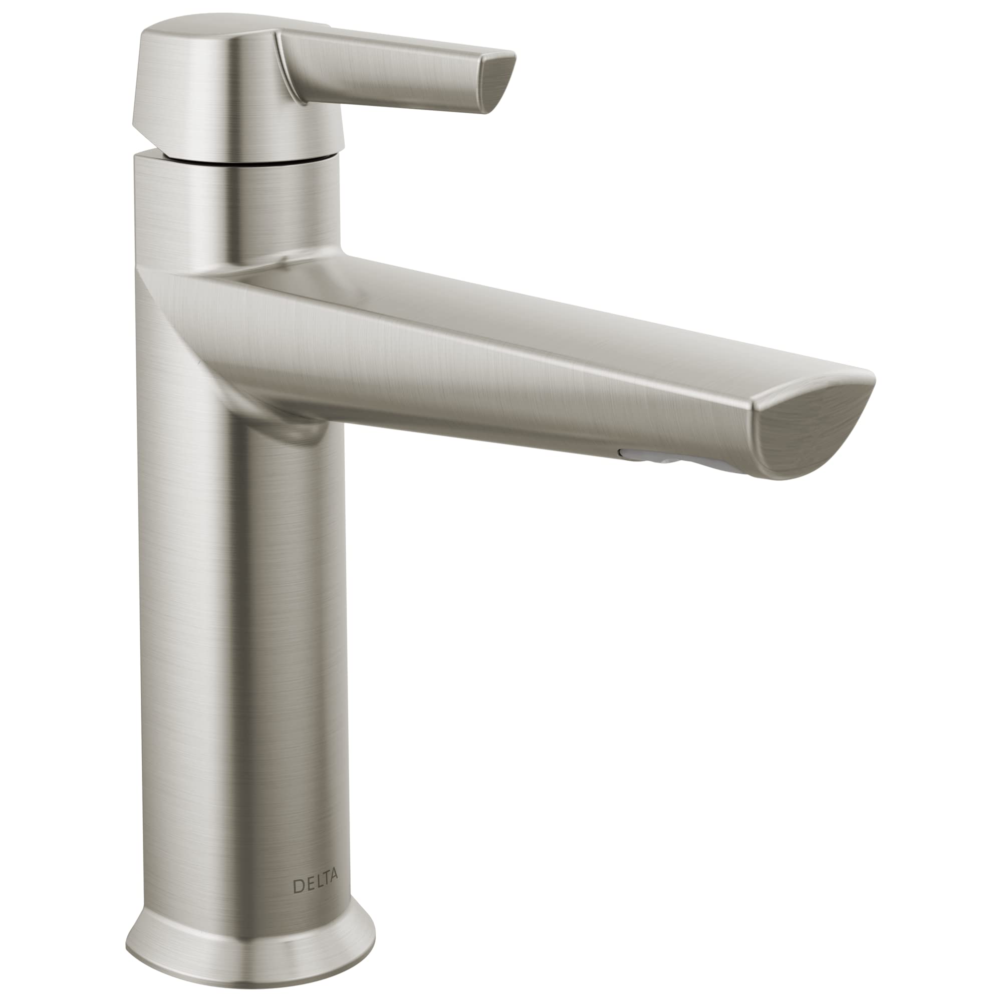 Brushed nickel single-handle bathroom faucet with tall spout and pop-up drain assembly.
