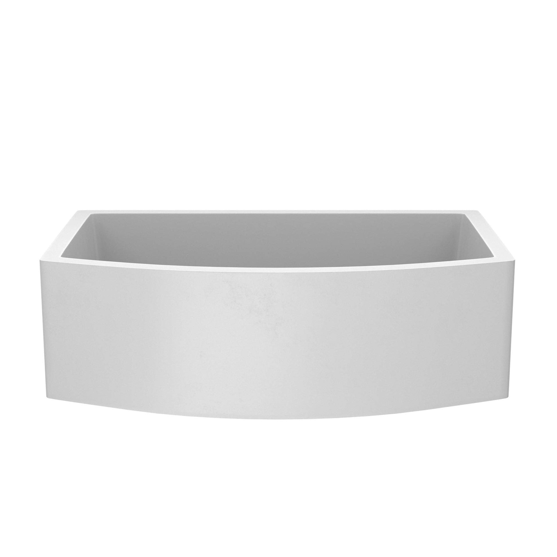Pearl white farmhouse-style kitchen sink with curved apron front and single basin.