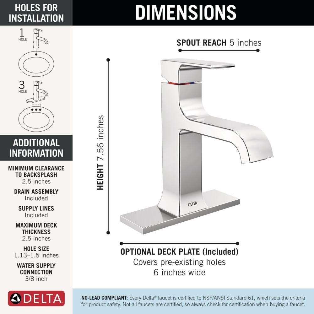 Chrome single-handle bathroom faucet with curved spout, 7.56 inches tall, 5-inch reach.