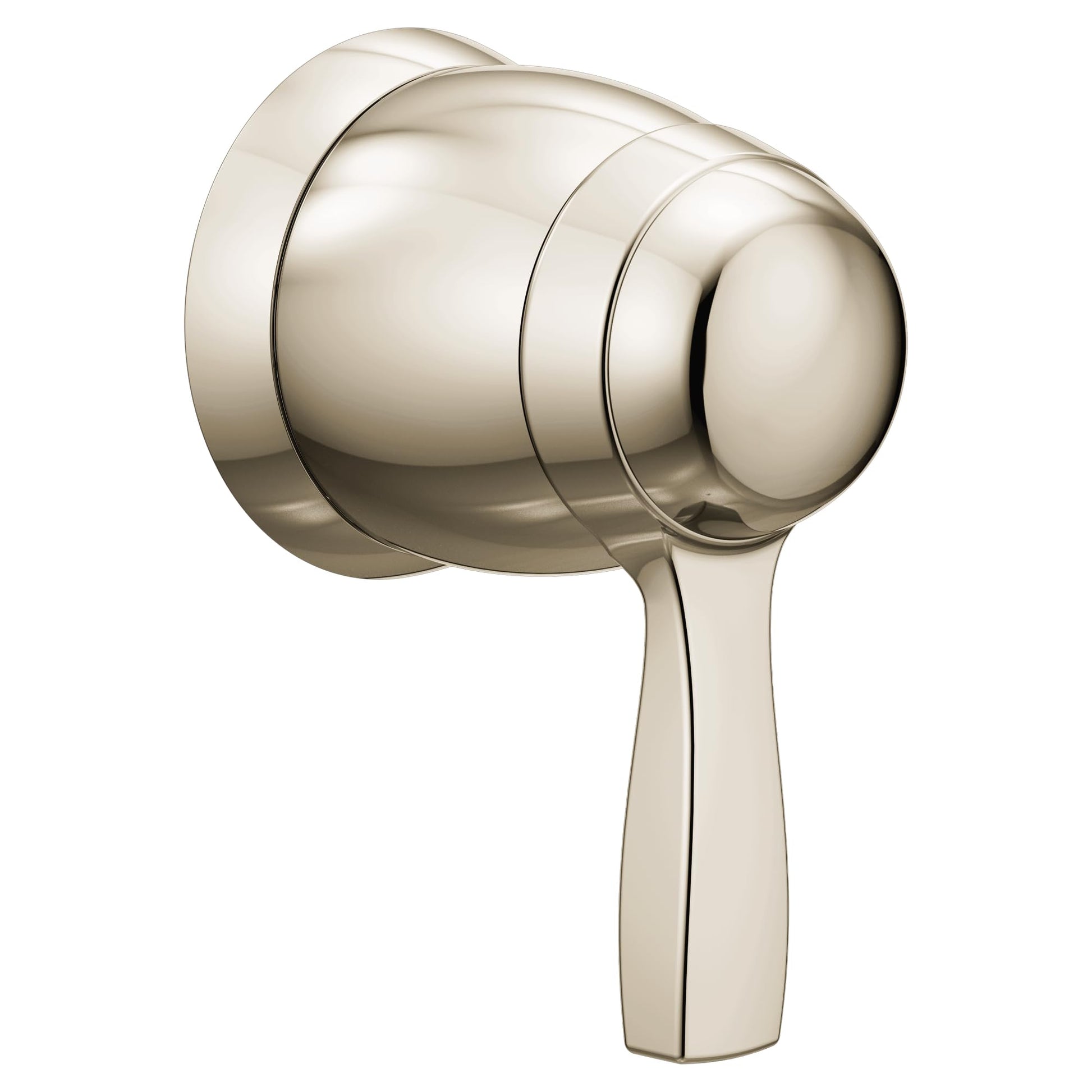 Polished nickel volume control valve trim with rounded cylindrical body and lever handle.