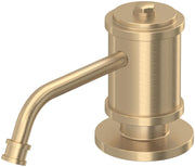 Cylindrical satin gold soap dispenser with curved angled spout and round base.