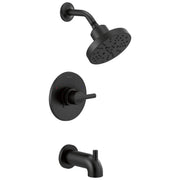 Matte black tub and shower fixture with round showerhead, control valve, and tub spout.