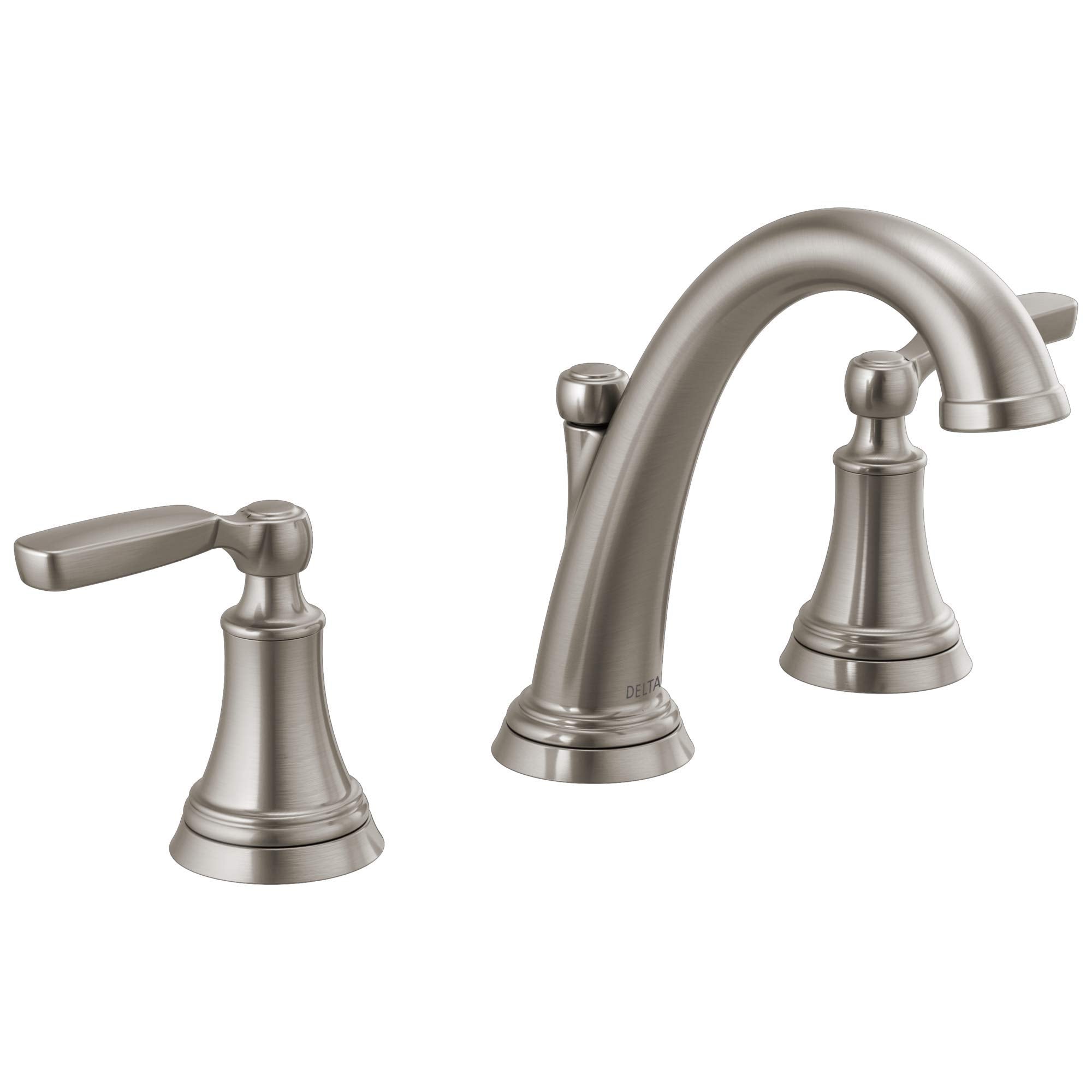 Brushed nickel two-handle widespread bathroom faucet with curved spout and lever handles.
