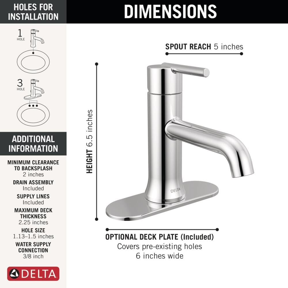 Chrome single-handle bathroom faucet with 6.5-inch height, 5-inch spout reach, and included deck plate.