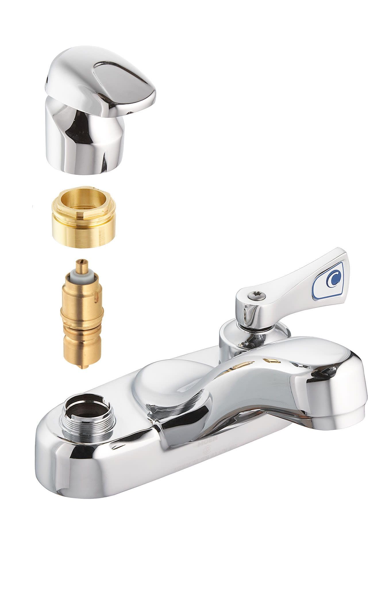 Chrome metering faucet with brass cartridge assembly and sensor handle, shown fully assembled and disassembled components.