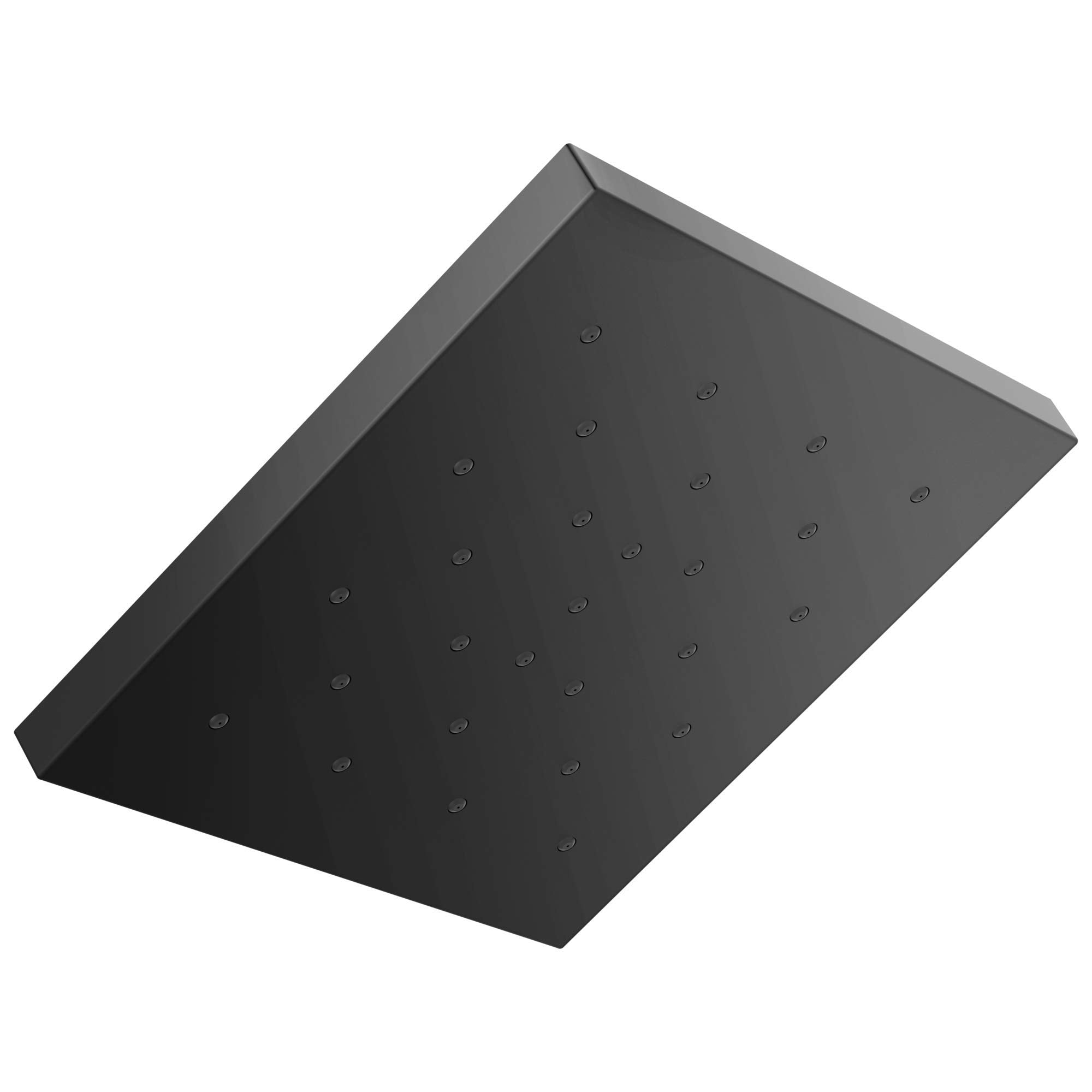 Square black shower head with multiple small spray holes distributed across the surface.
