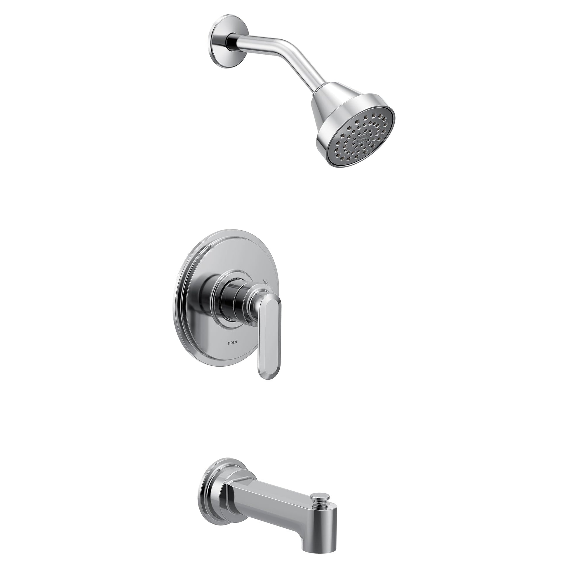 Chrome shower faucet set with round showerhead, curved arm, lever handle, and tub spout.