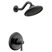 Matte black shower trim kit with curved wall-mounted arm, round showerhead with perforations, and single-handle valve control
