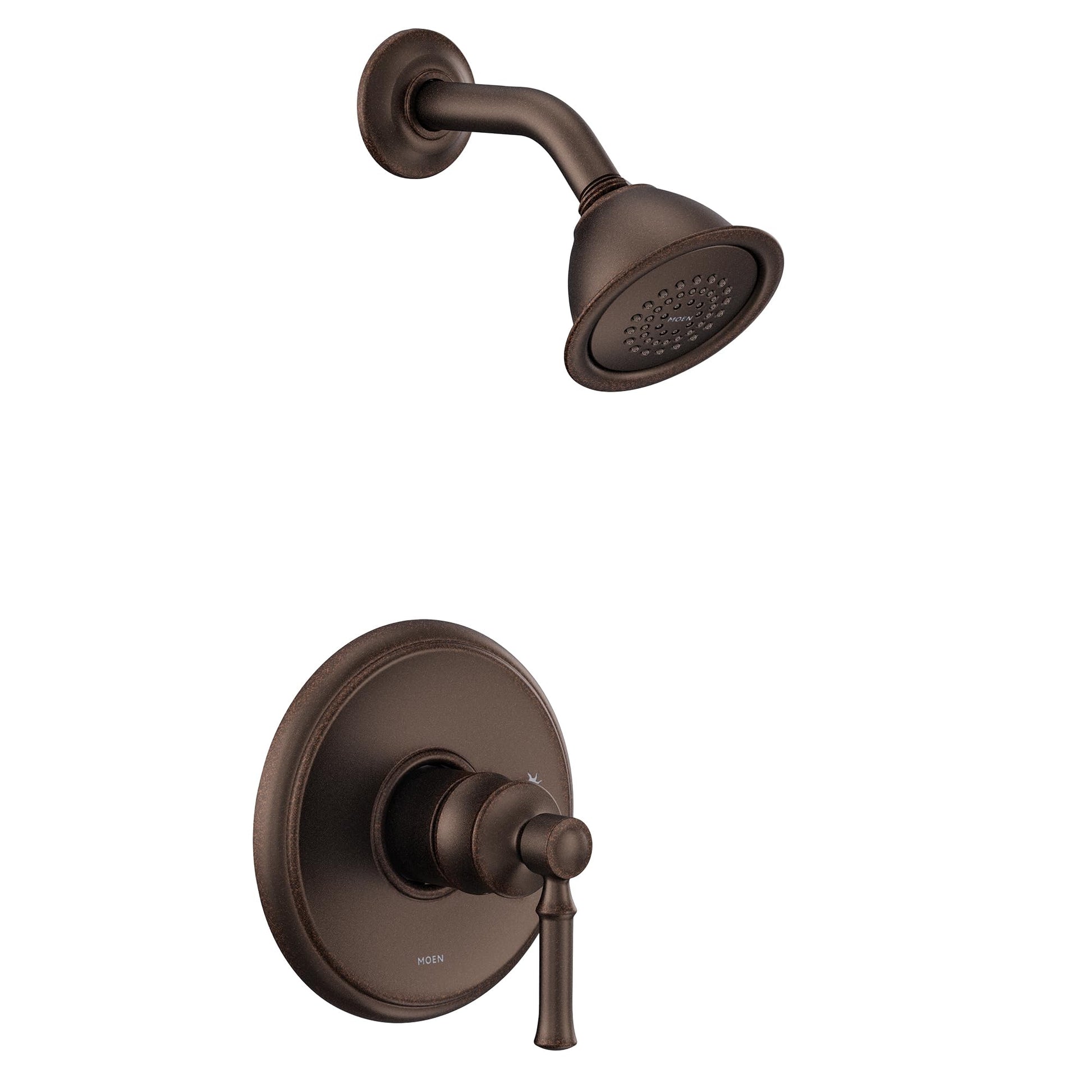 Oil rubbed bronze shower trim kit with single handle valve, round showerhead, and curved arm mount.