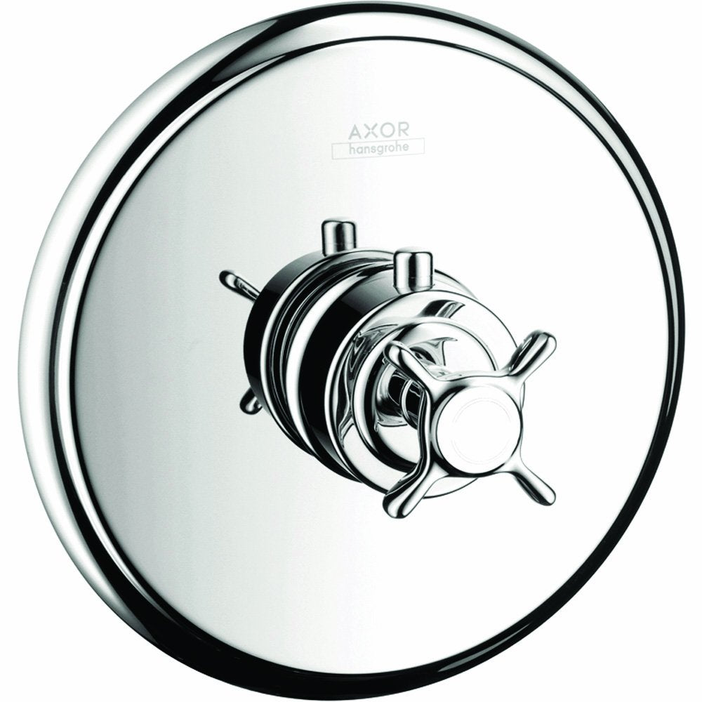 Chrome thermostatic shower trim with cross handle and circular trim plate, AXOR Montreux design.