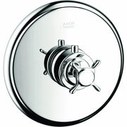 Chrome thermostatic shower trim with cross handle and circular trim plate, AXOR Montreux design.