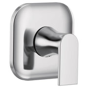 Chrome single-handle transfer valve trim kit with rounded square backplate and lever handle.