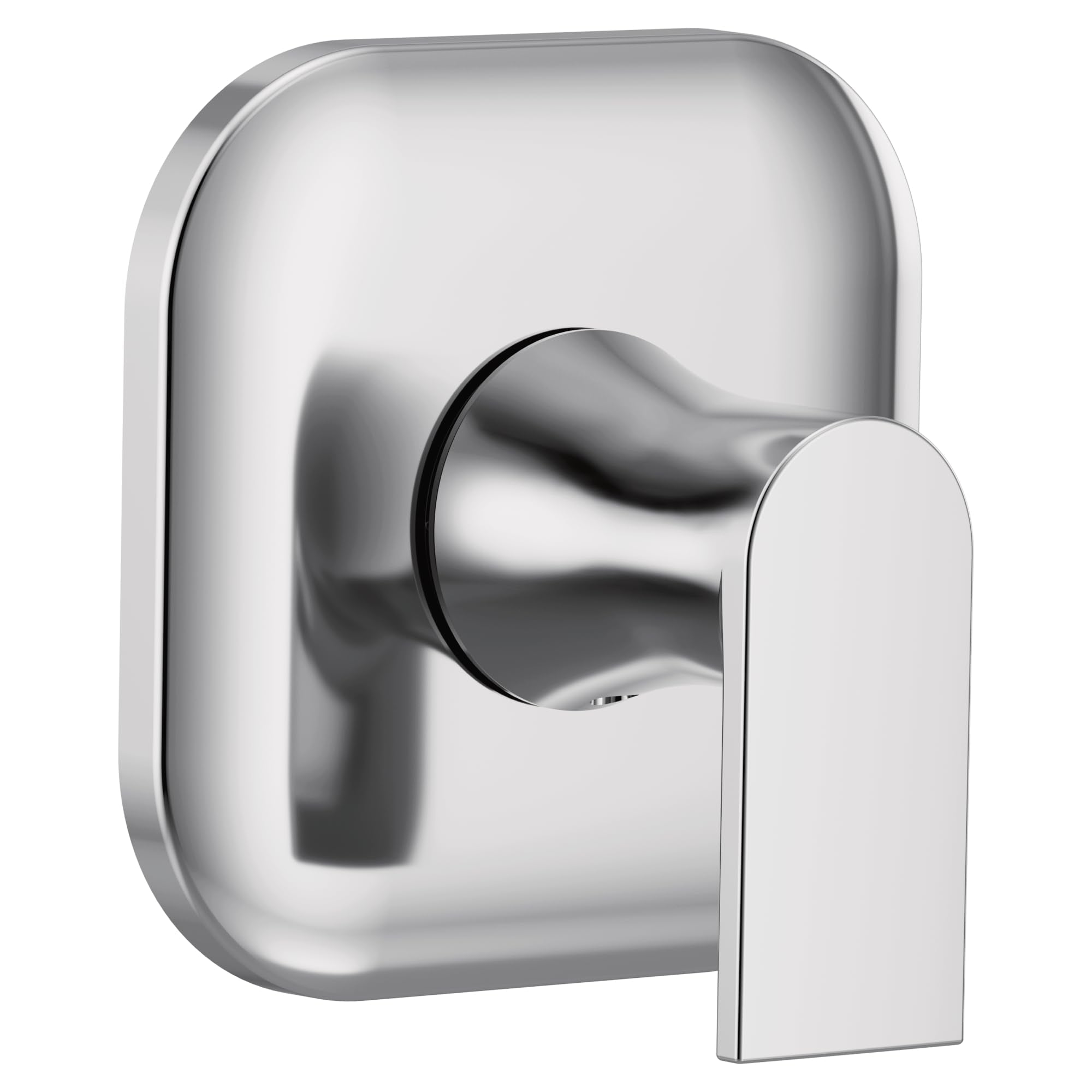 Chrome single-handle transfer valve trim kit with rounded square backplate and lever handle.