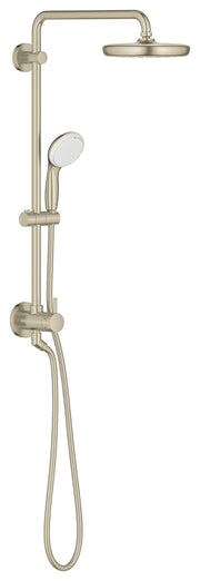 Brushed nickel shower system with overhead rainfall showerhead, handheld wand, and wall-mounted control valve.