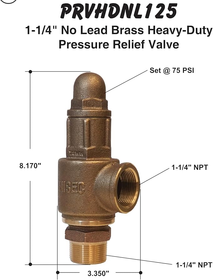 Brass pressure relief valve with 1-1/4" NPT connections, rounded top, set at 75 PSI, measuring 8.170" tall.