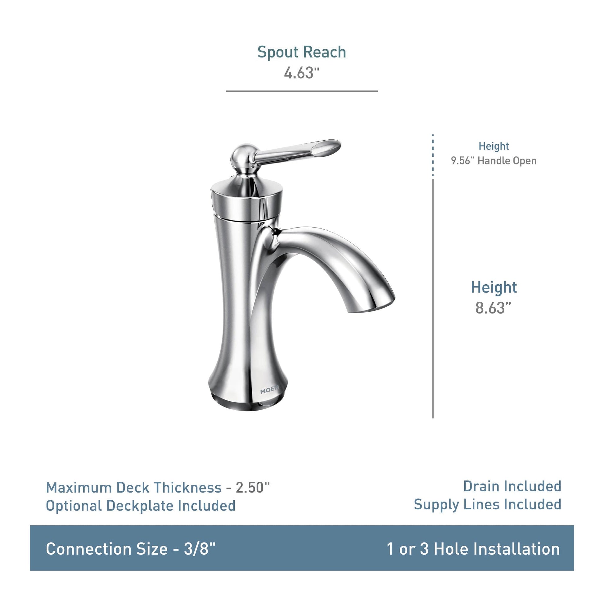 Chrome single-handle high arc bathroom faucet with curved spout, 8.63" height, includes drain assembly and supply lines.