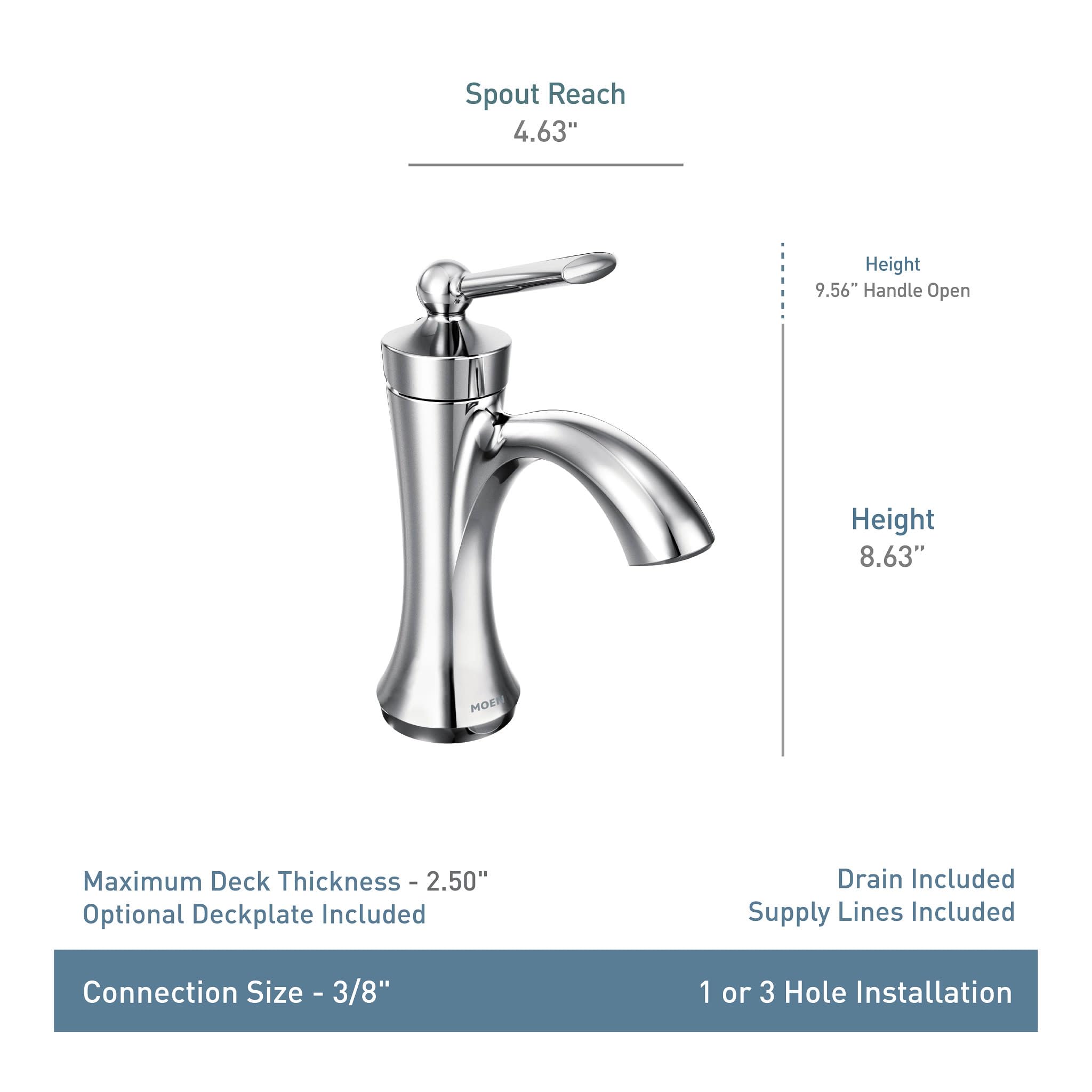 Chrome single-handle high arc bathroom faucet with curved spout, 8.63" height, includes drain assembly and supply lines.