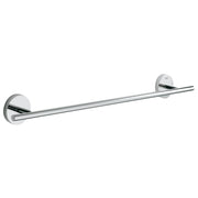 Chrome towel bar with circular wall-mounted brackets on each end and cylindrical horizontal rod.