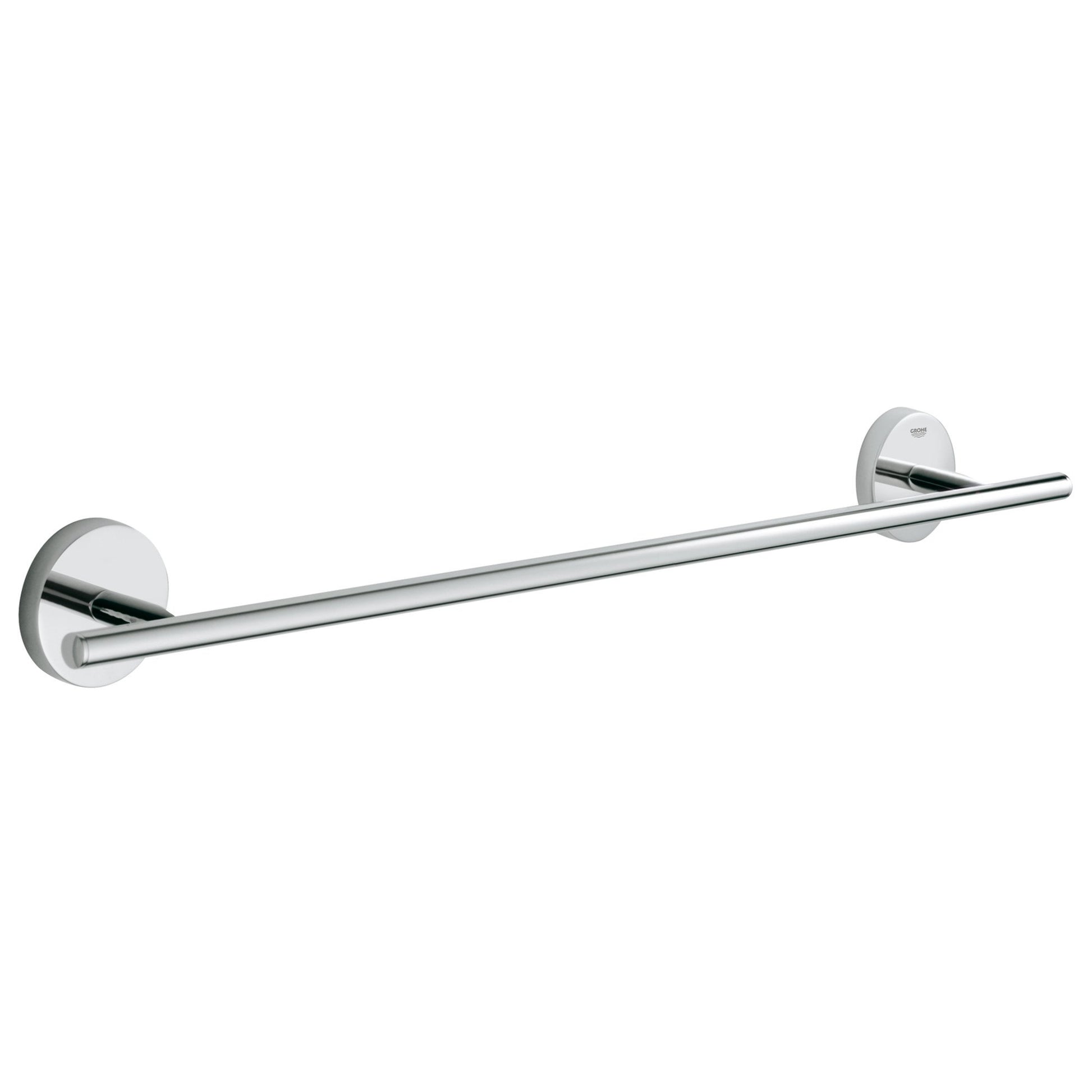 Chrome towel bar with circular wall-mounted brackets on each end and cylindrical horizontal rod.