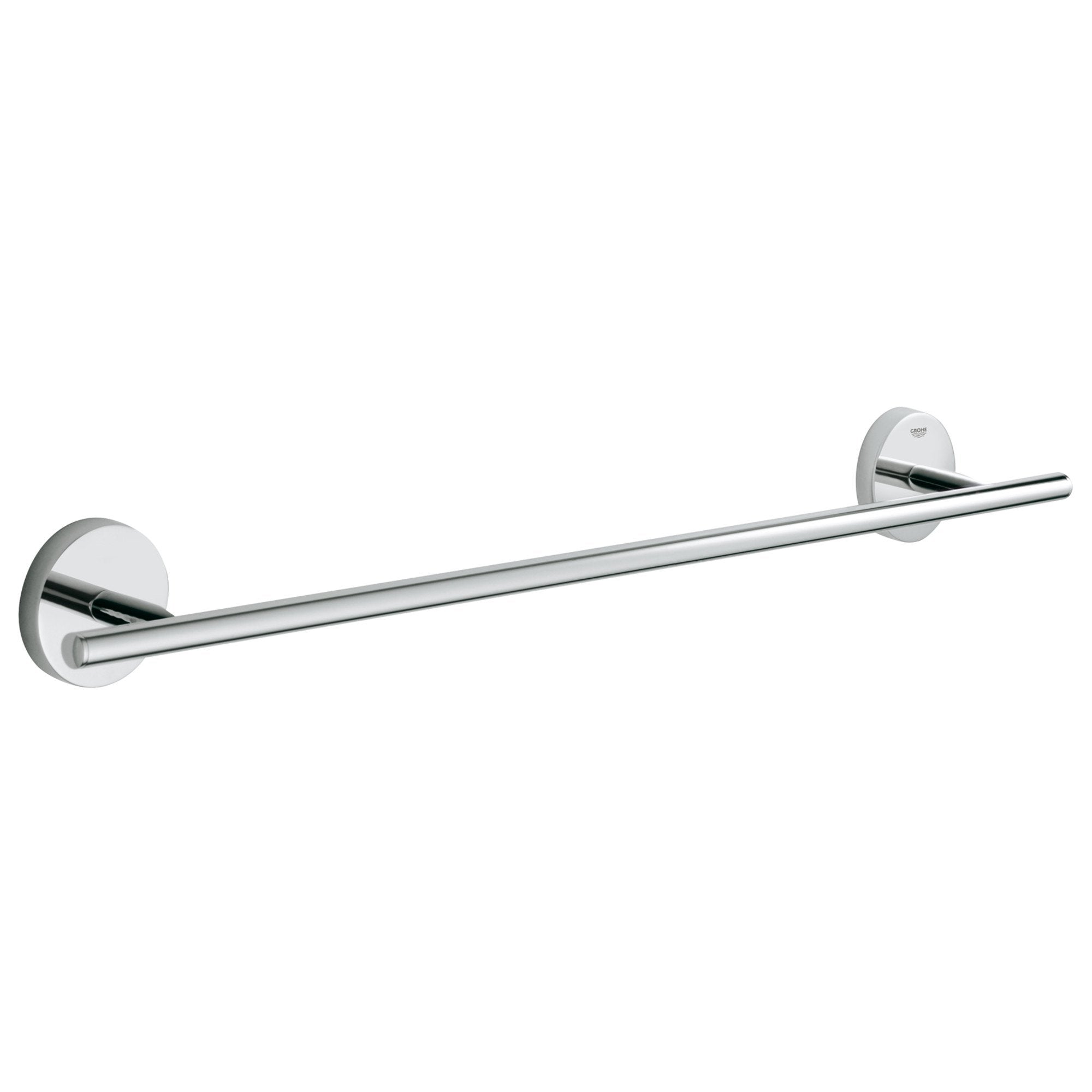 Chrome towel bar with circular wall-mounted brackets on each end and cylindrical horizontal rod.