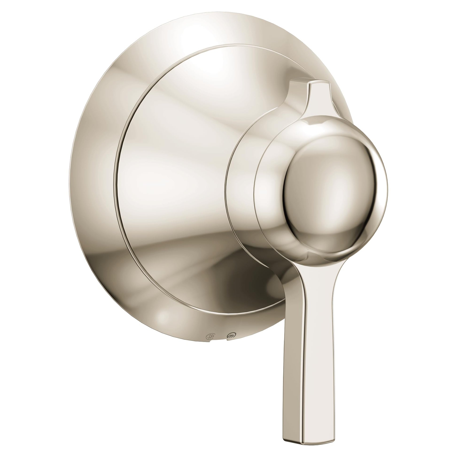 Polished nickel volume control valve trim with round escutcheon and lever handle.