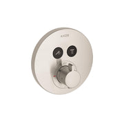 Round brushed nickel shower thermostatic trim with two function buttons and a central control dial marked 100 degrees.