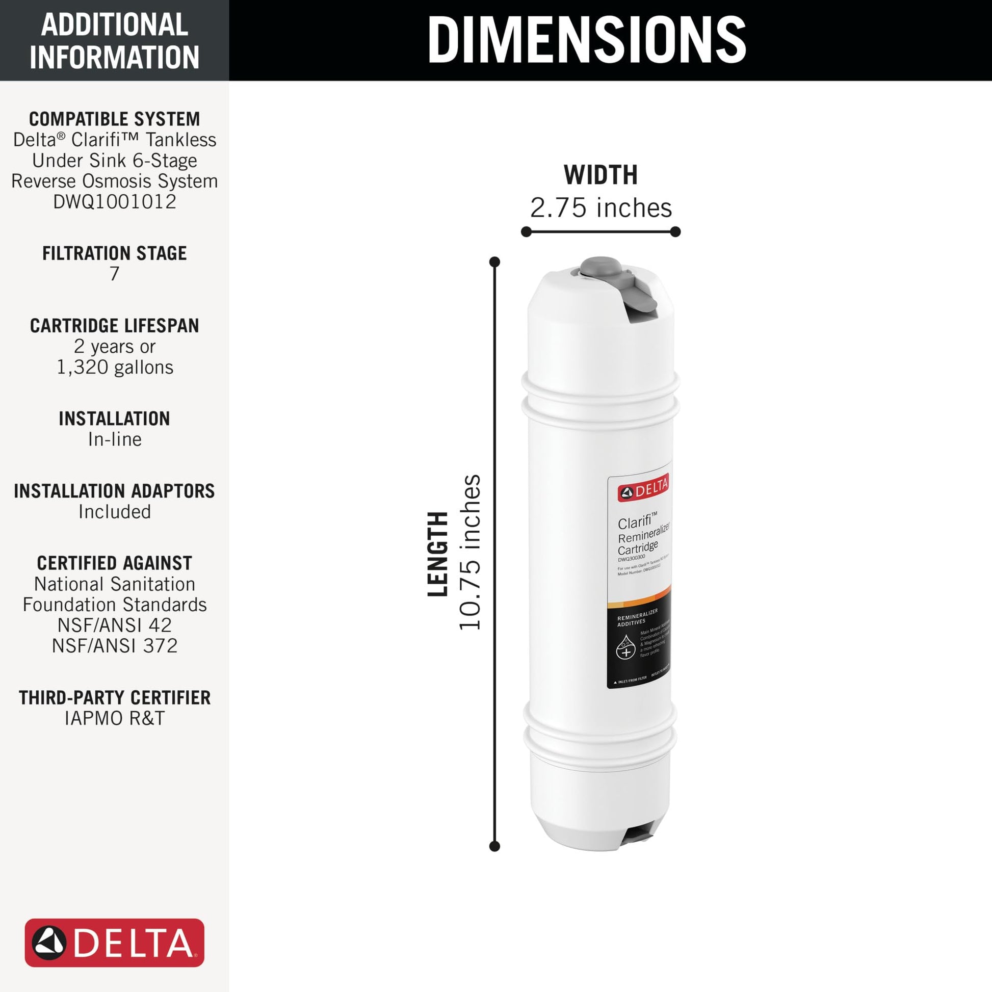 White cylindrical remineralization cartridge with gray top cap and black label, measuring 10.75 inches long and 2.75 inches w