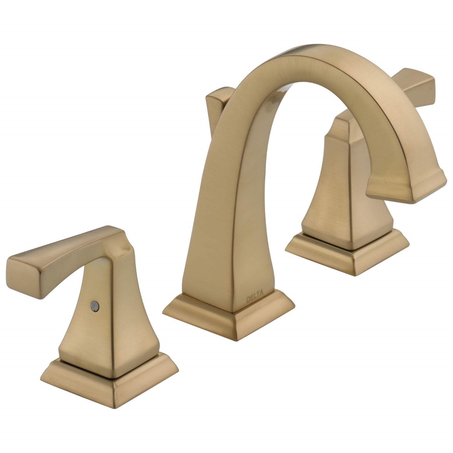 Champagne bronze widespread bathroom faucet with two handles, arched spout, and square bases.