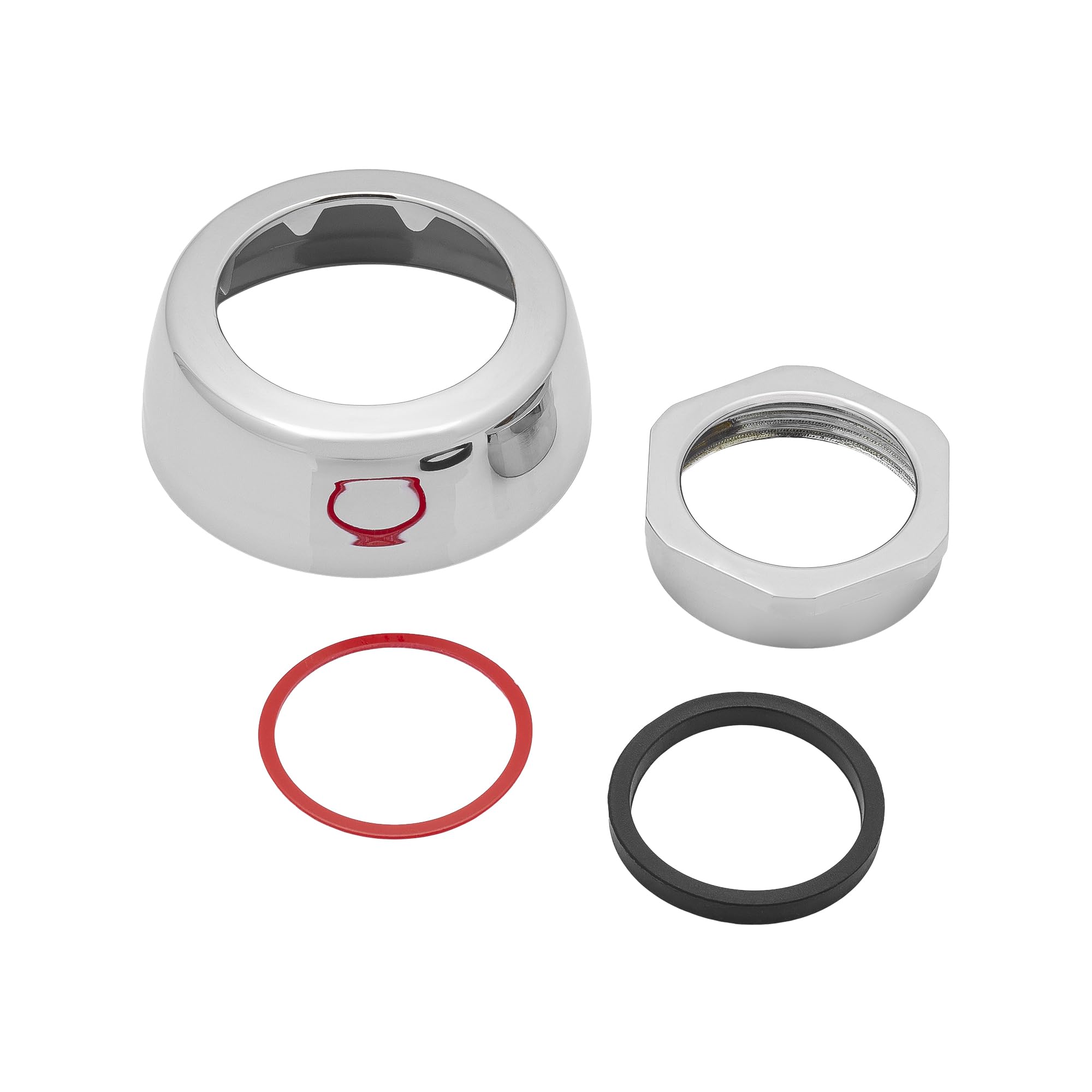 Chrome spud coupling assembly with red and black rubber gasket rings for exposed flushometer installation.