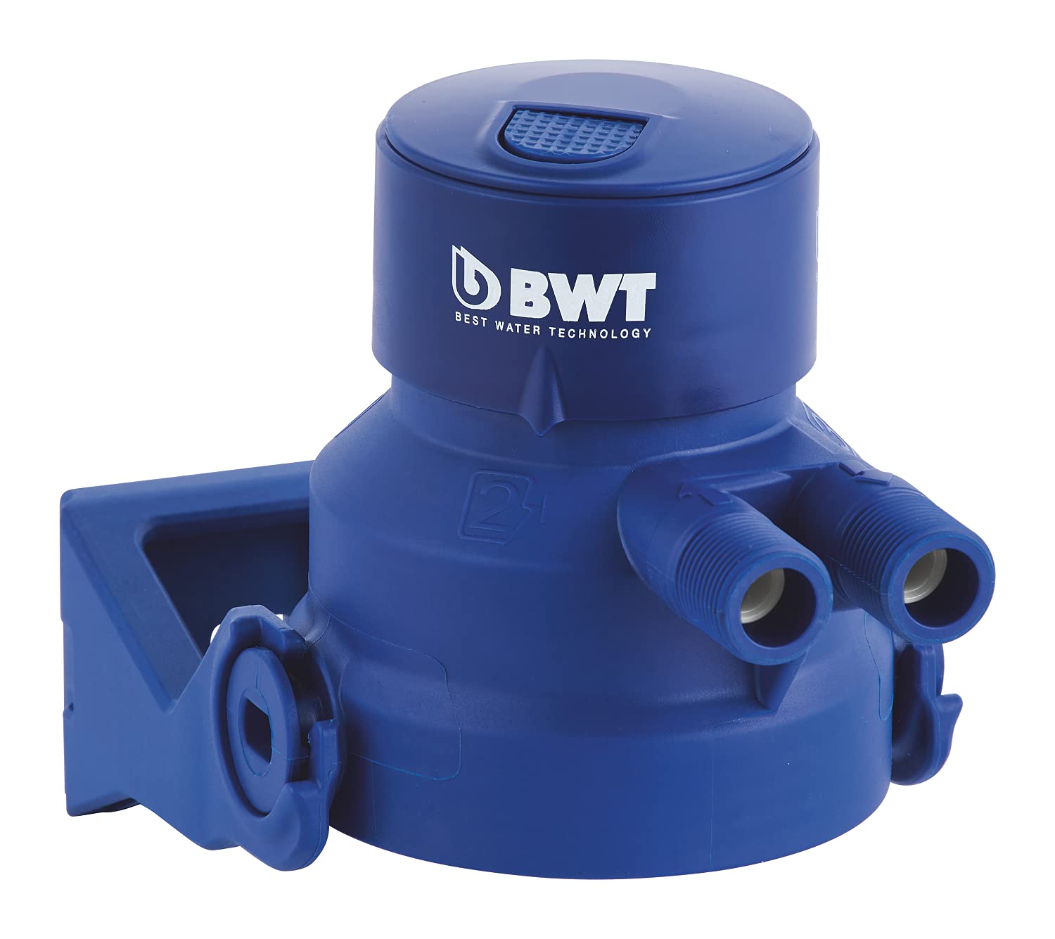 Blue BWT filter head with dual outlet ports and mounting bracket for water filtration system.