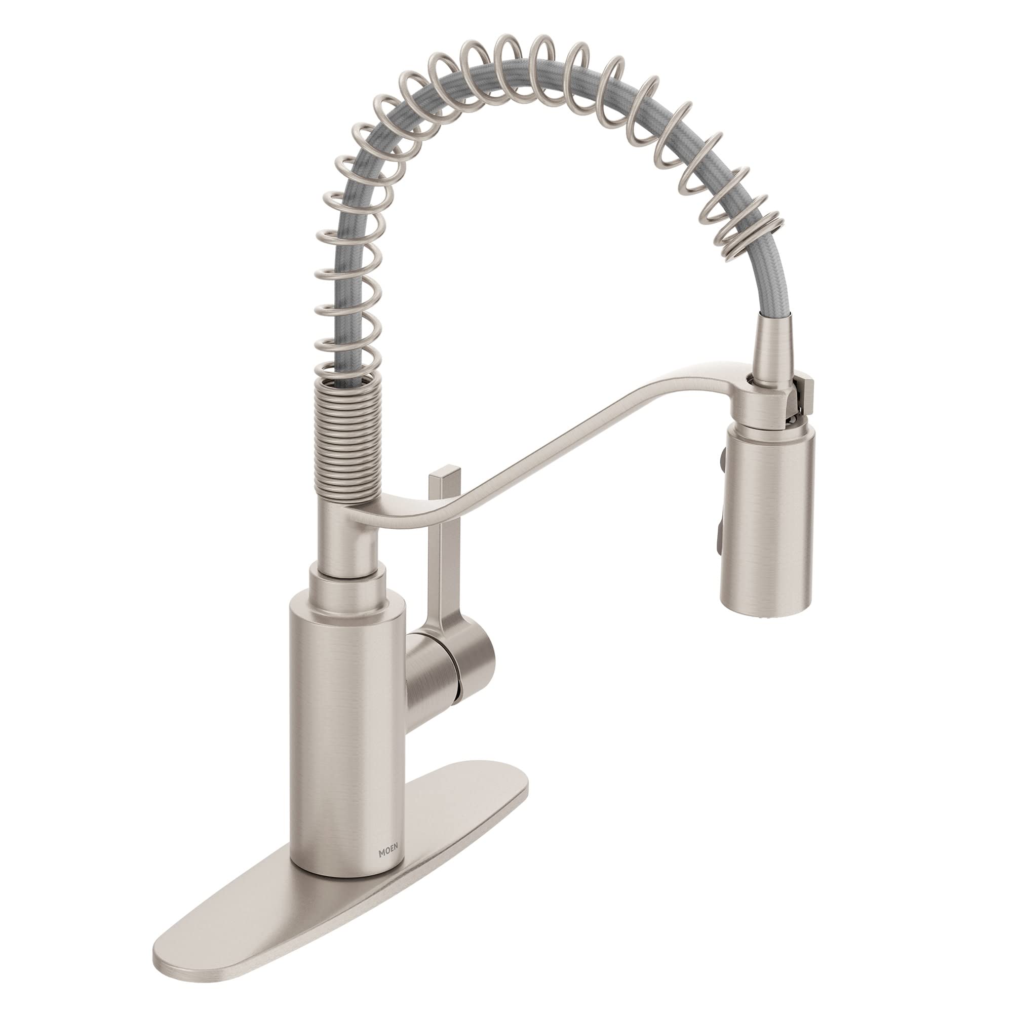 Stainless steel kitchen faucet with coiled pull-down spray head and single handle control on base plate.