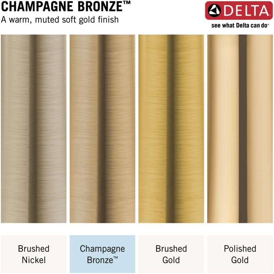 Four vertical finish samples showing Brushed Nickel, Champagne Bronze, Brushed Gold, and Polished Gold metallic textures.