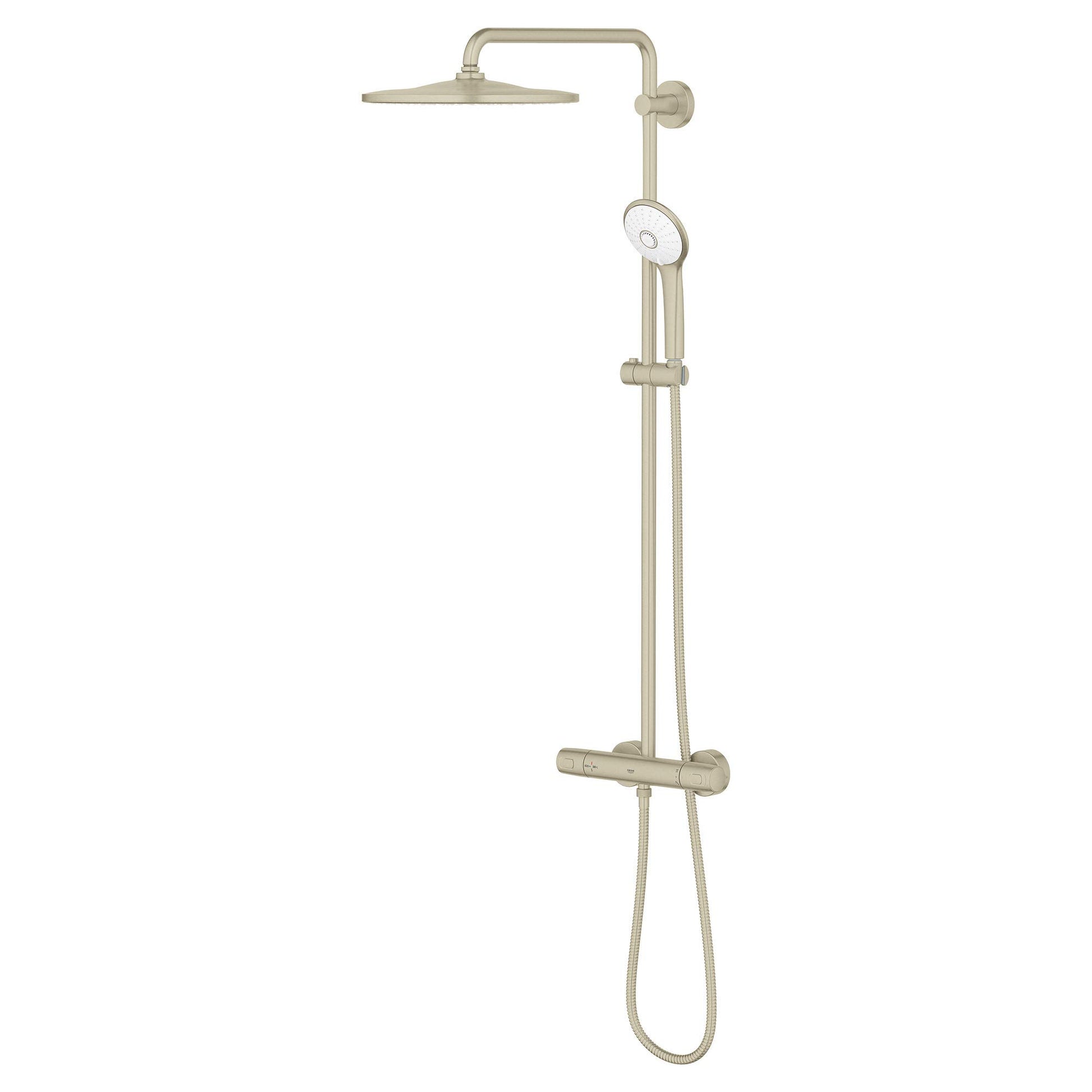 Brushed nickel thermostatic shower system with overhead rainfall showerhead, handheld sprayer, and wall-mounted control valve