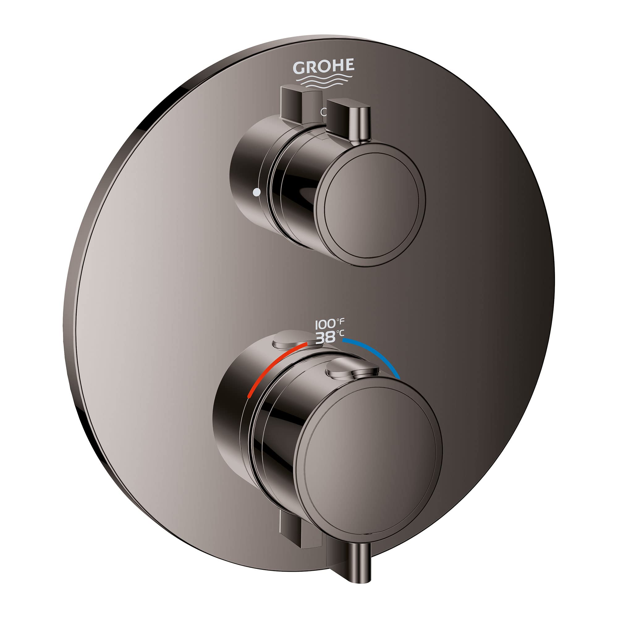 Dark gray round thermostatic valve trim with two circular handles, temperature dial showing 38°C, and Grohe branding.