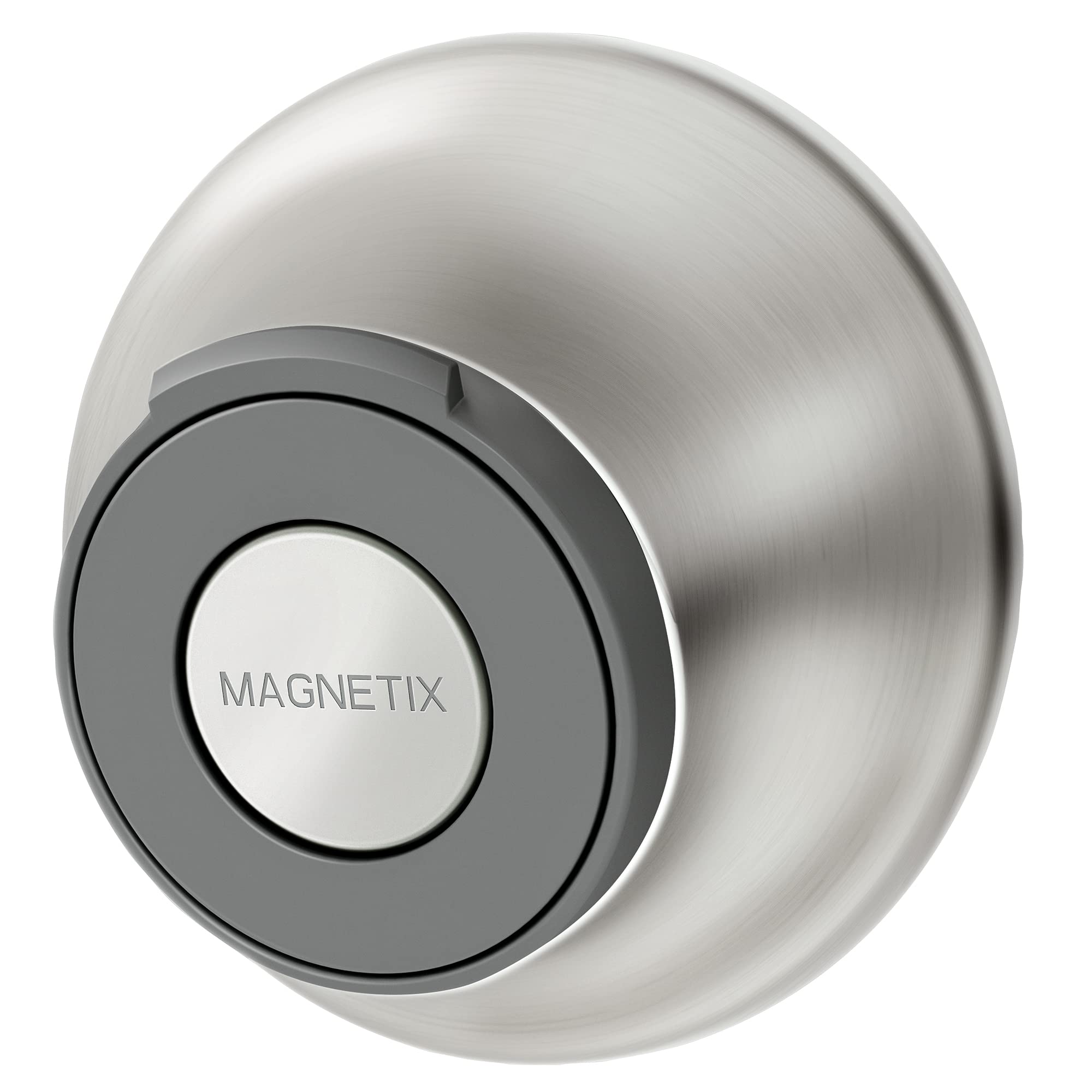 Brushed nickel circular magnetic showerhead dock with gray and white concentric rings labeled "MAGNETIX."