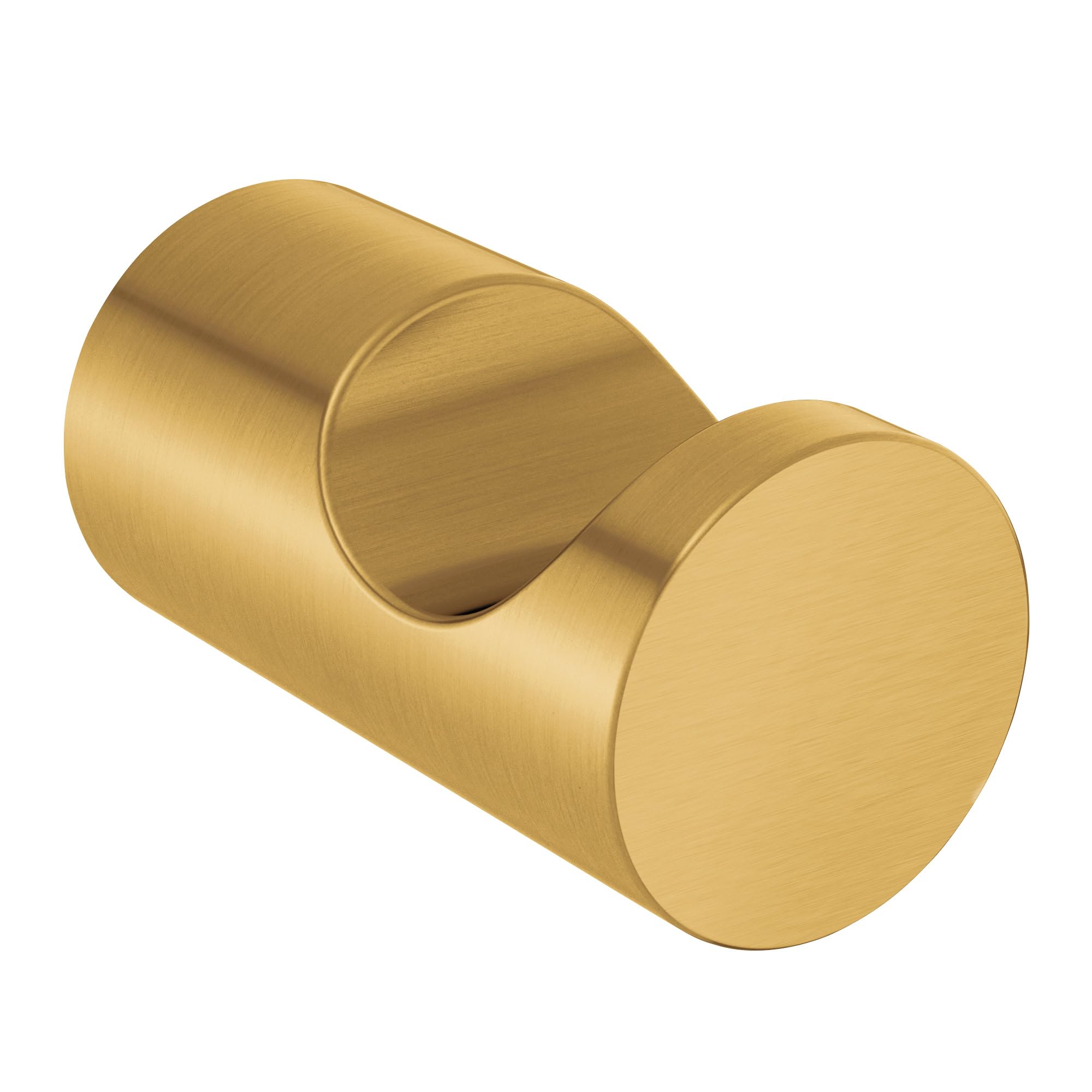 Brushed gold cylindrical robe hook with curved hook opening on top surface.