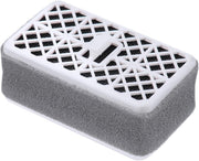 White and gray rectangular filter assembly with lattice-pattern top cover and dark activated carbon filter visible beneath.