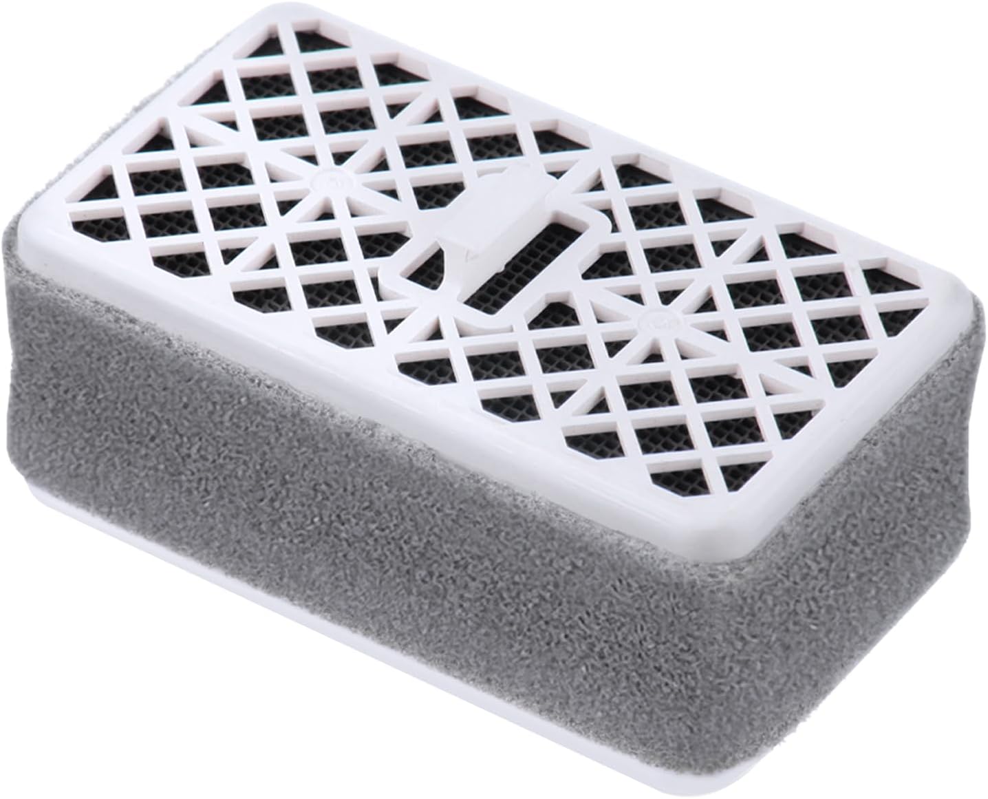 White and gray rectangular filter assembly with lattice-pattern top cover and dark activated carbon filter visible beneath.