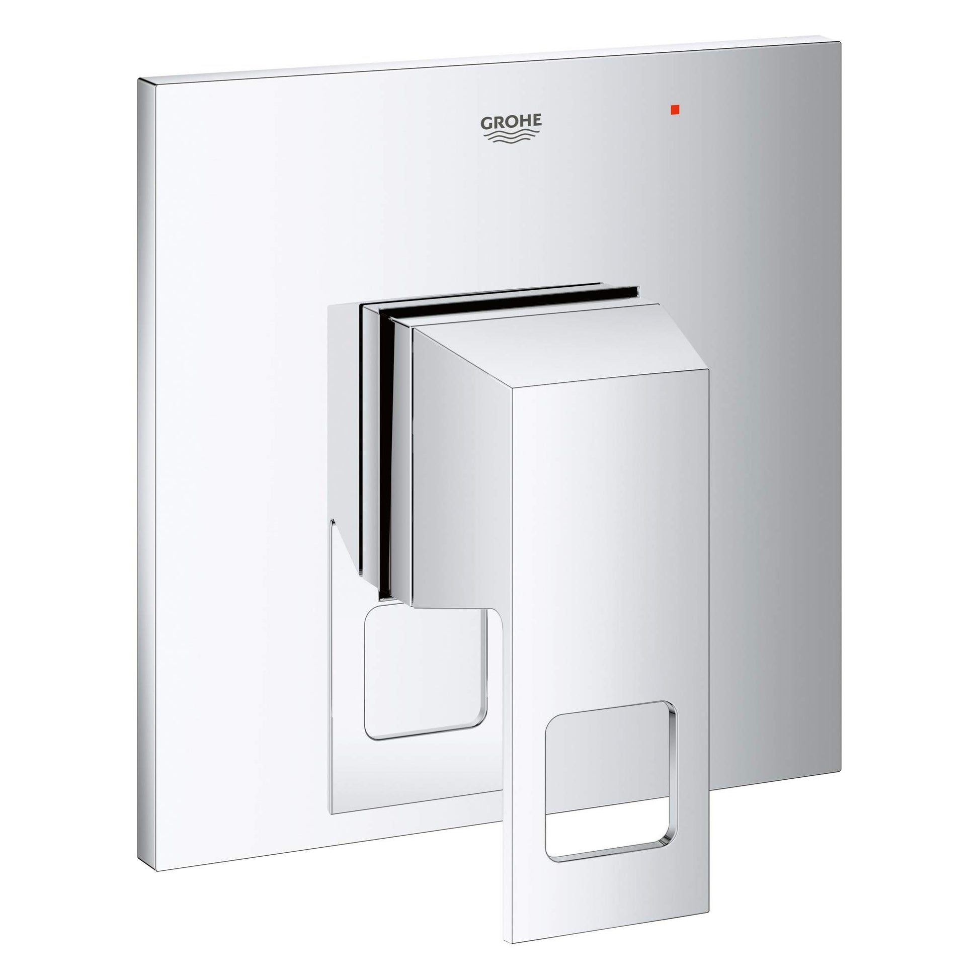 Grohe Eurocube chrome pressure balance valve trim with square handle and cartridge visible in recessed wall mount.