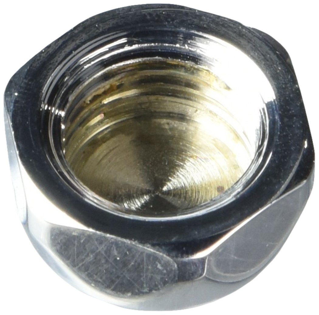 Metal hex nut with brass-colored interior threads and exposed solenoid opening.