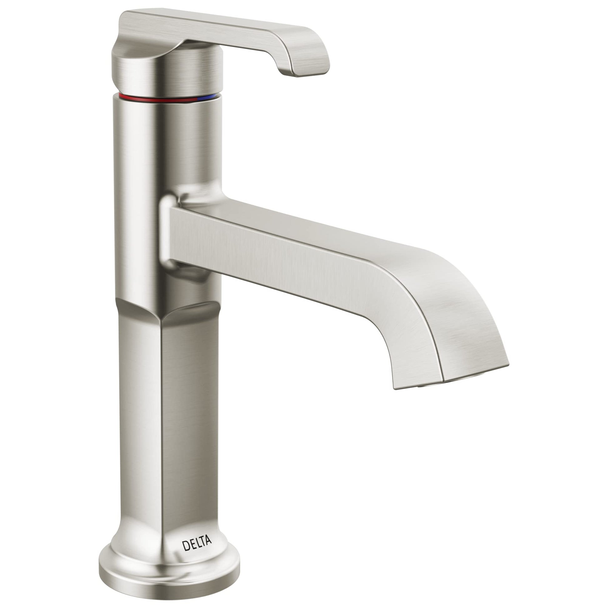 Stainless steel single-handle bathroom faucet with curved spout and temperature control indicator band.