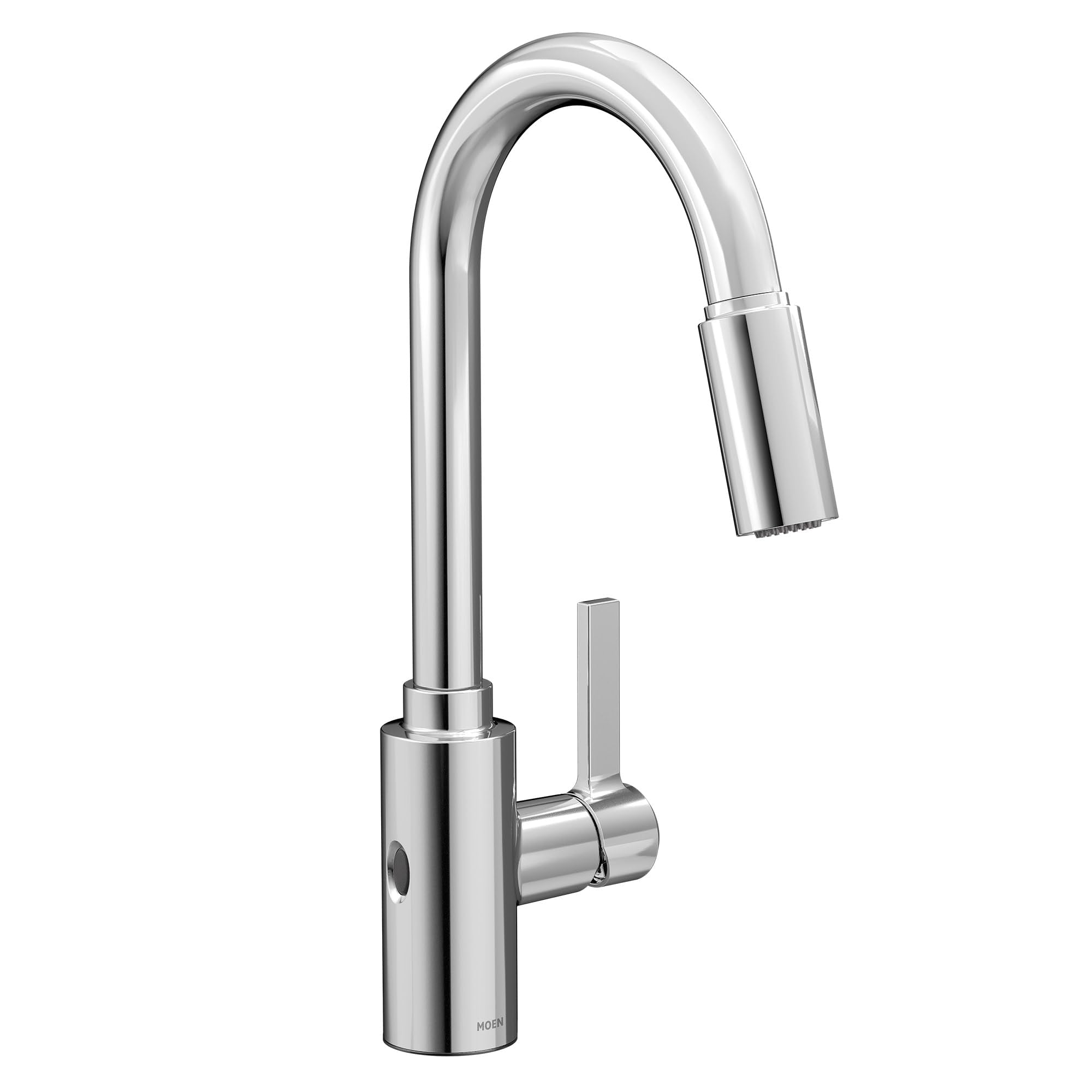 Chrome touchless kitchen faucet with high arc spout, pulldown spray head, and single lever handle.