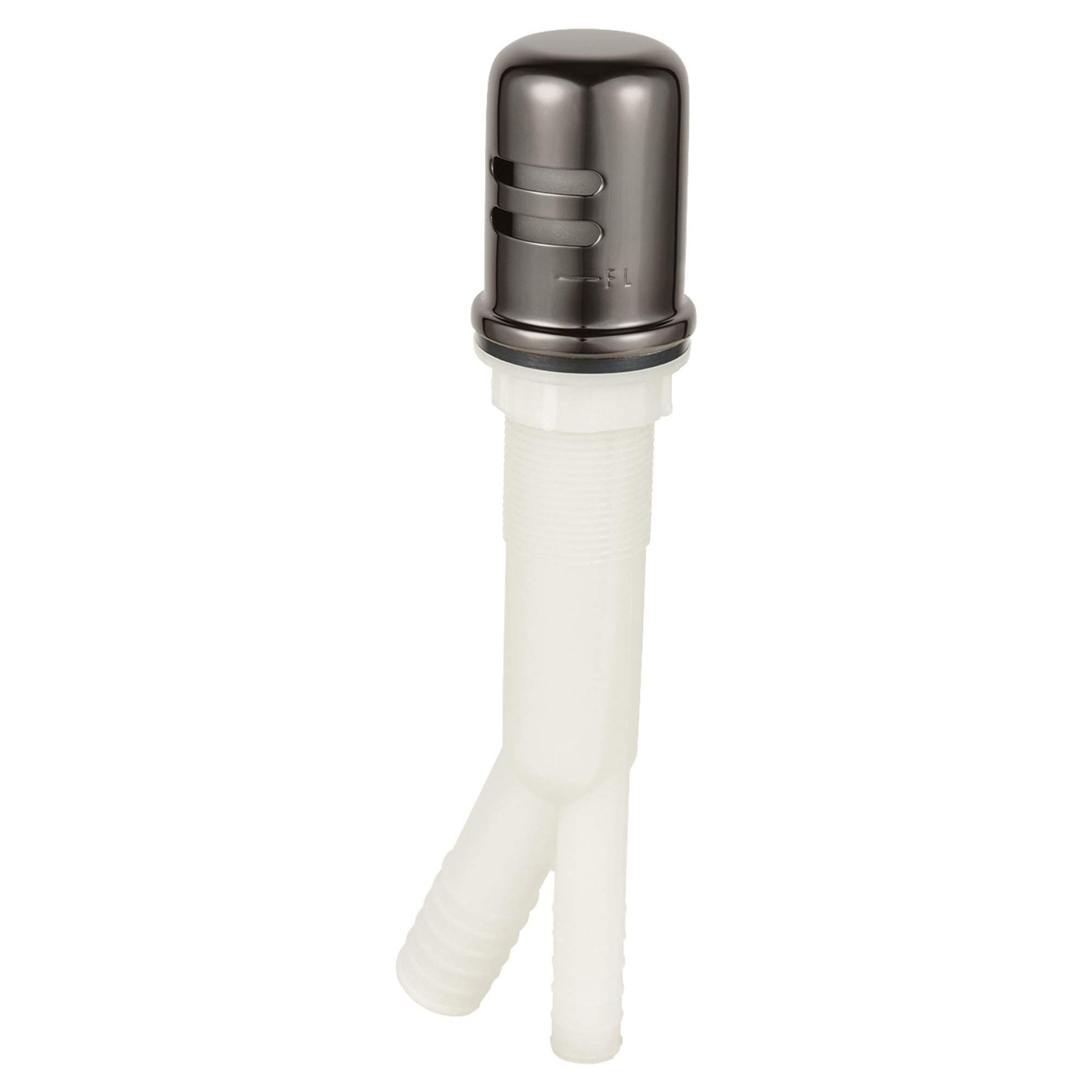 Hard graphite air gap dispenser with white plastic tube and angled drain outlet.