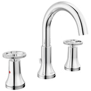 Chrome widespread bathroom faucet with arched spout and two wheel handles on conical bases.