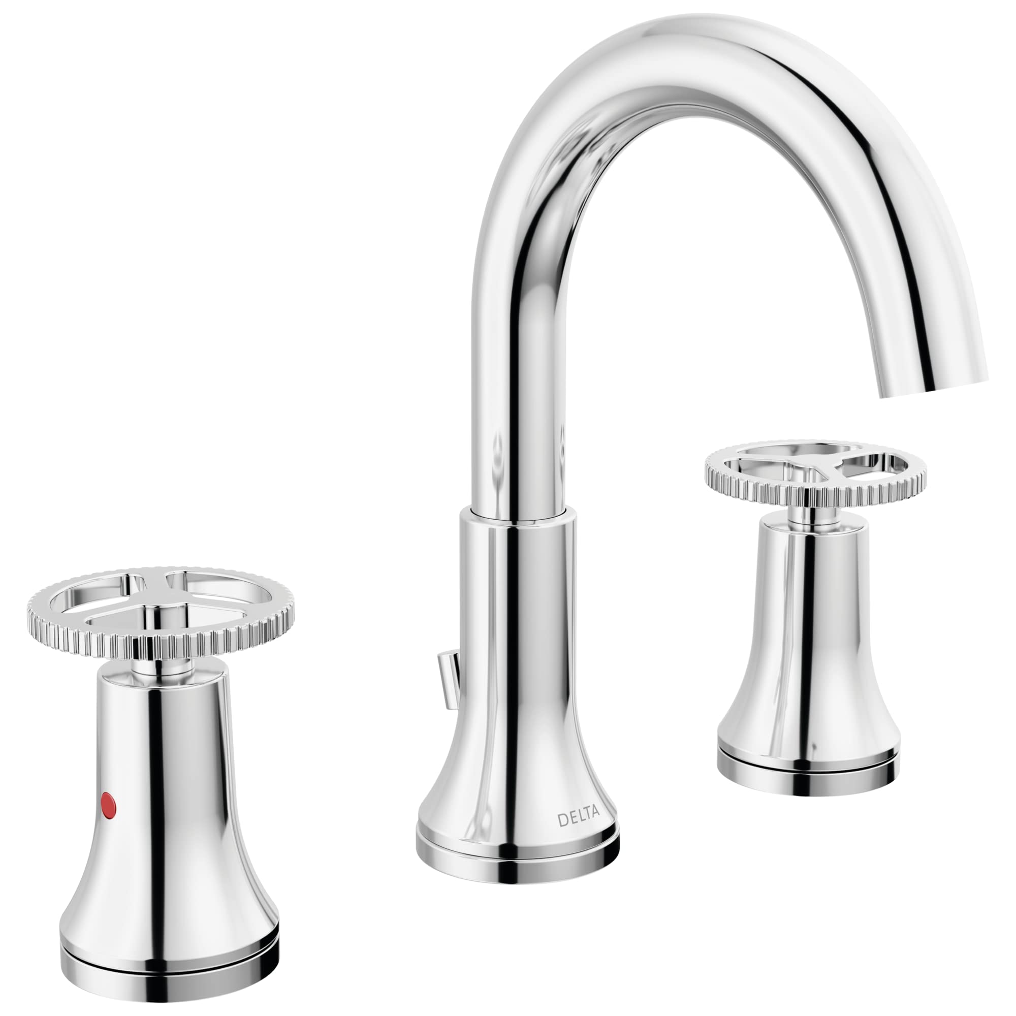 Chrome widespread bathroom faucet with arched spout and two wheel handles on conical bases.