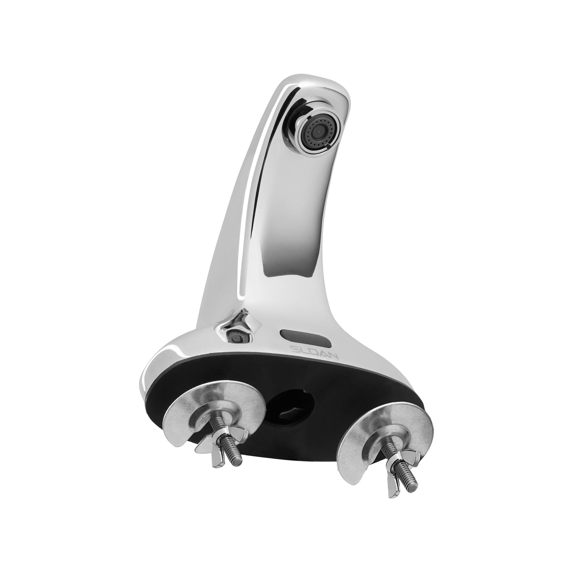 Chrome and black deck-mounted faucet body with sensor head and two mounting brackets on white background.